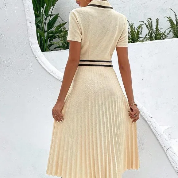 White Preppy Womens Contrast Binding Pleated Hem Dress - Picture 3 of 5